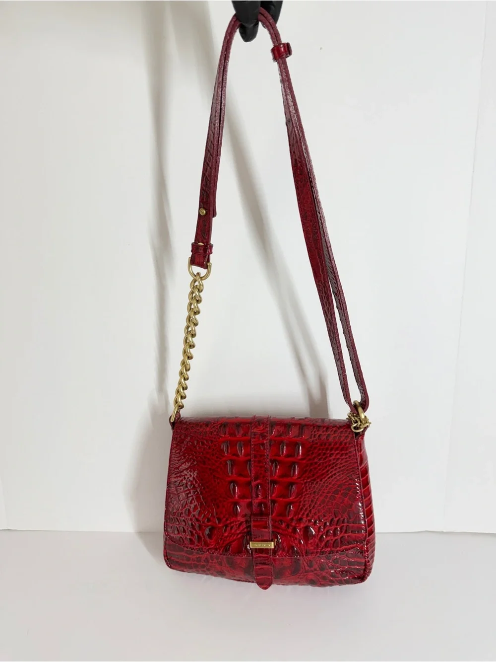 Vtg Brahmin Women's Shoulder Bag Red Croc Embossed Leather Small Gold Chain Lux